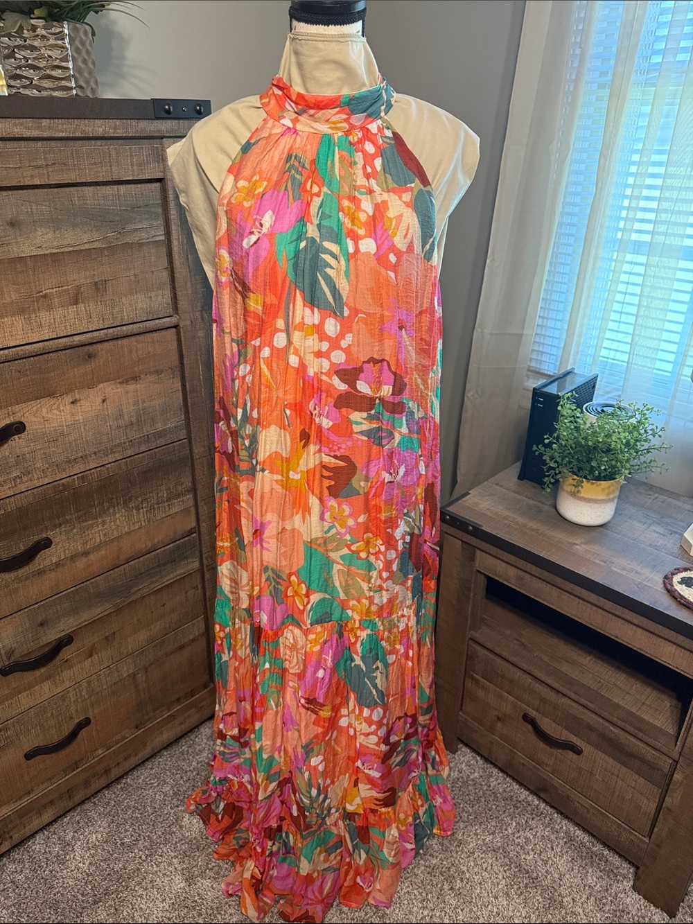 MSK Floral Halter Maxi Dress in Orange, Pink & Green